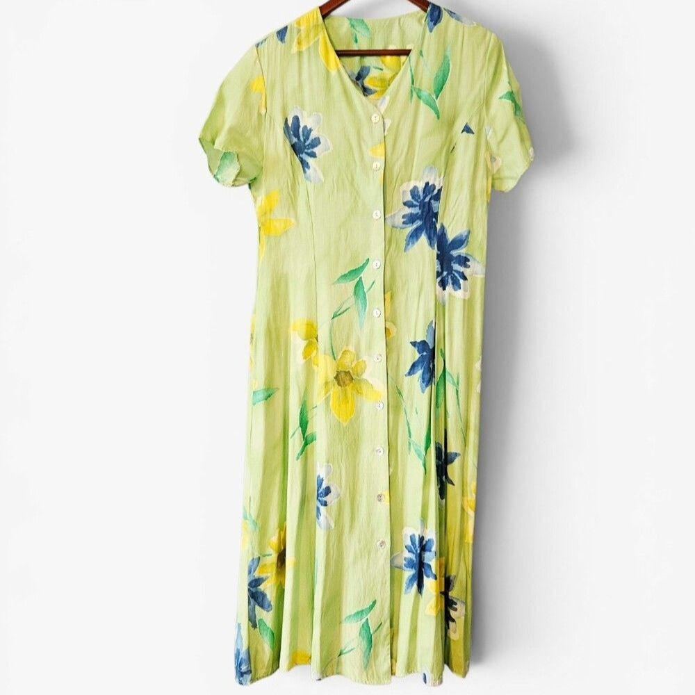 Vintage Short Sleeve Green Floral Print V-Neck Rayon Button Down Maxi Dress L
